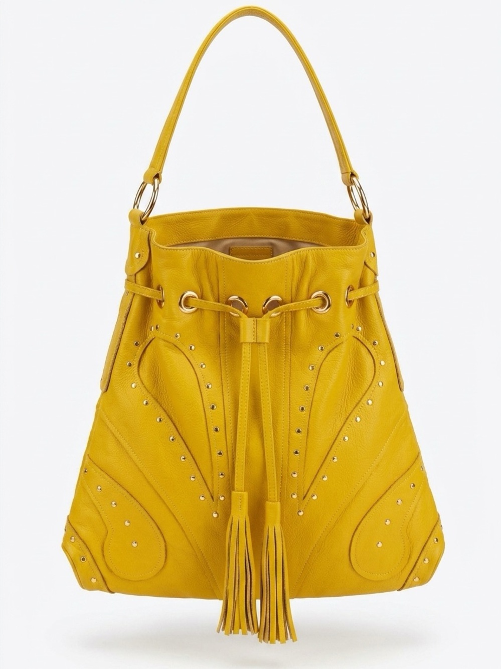 BULGA Mustard Yellow Leather Drawstring Shoulder Bag with Tassels
